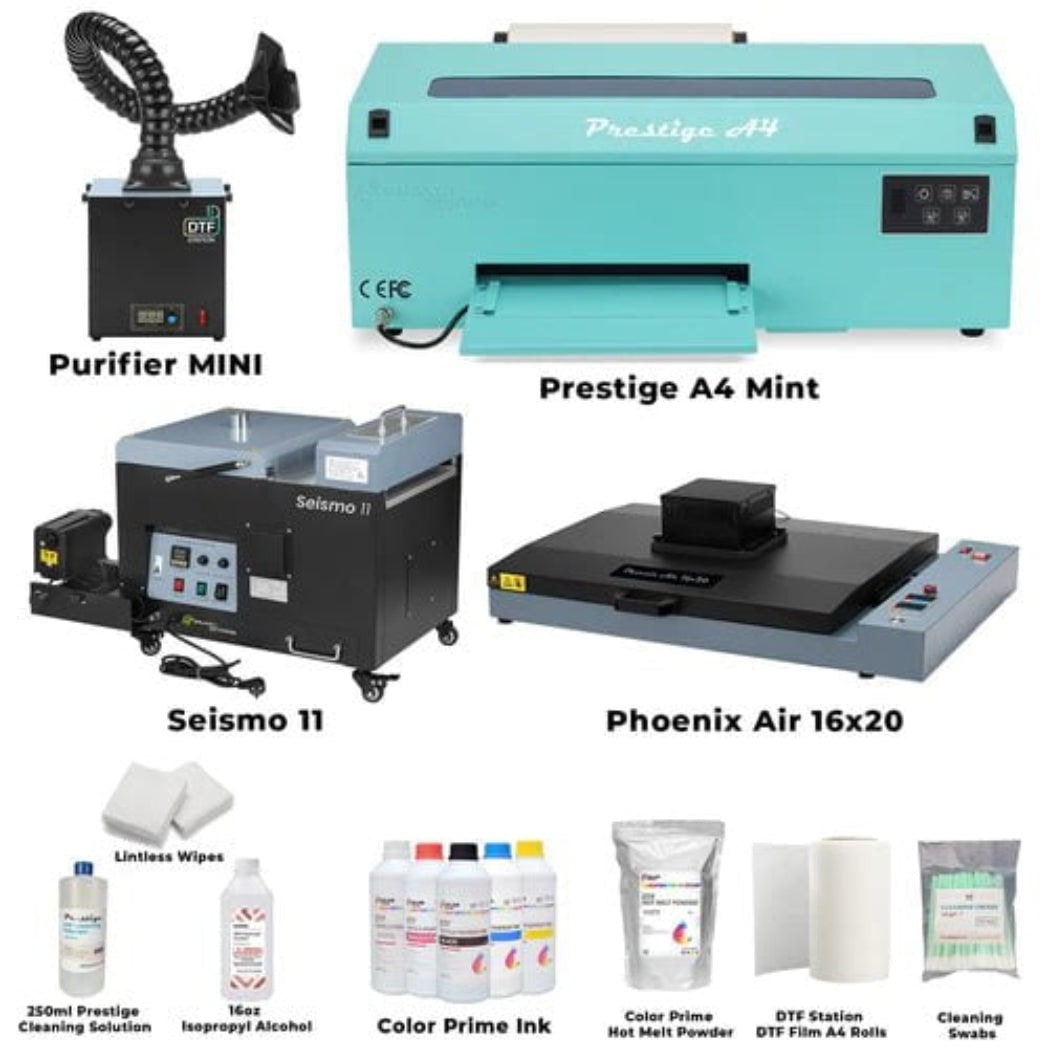 Absolute Toner New Prestige A4 Shaker and Oven Bundle Containing Prestige A4 DTF Printer, DTF Station Seismo 11, Purifier Mini And Phoenix Air 16x20 DTF printer