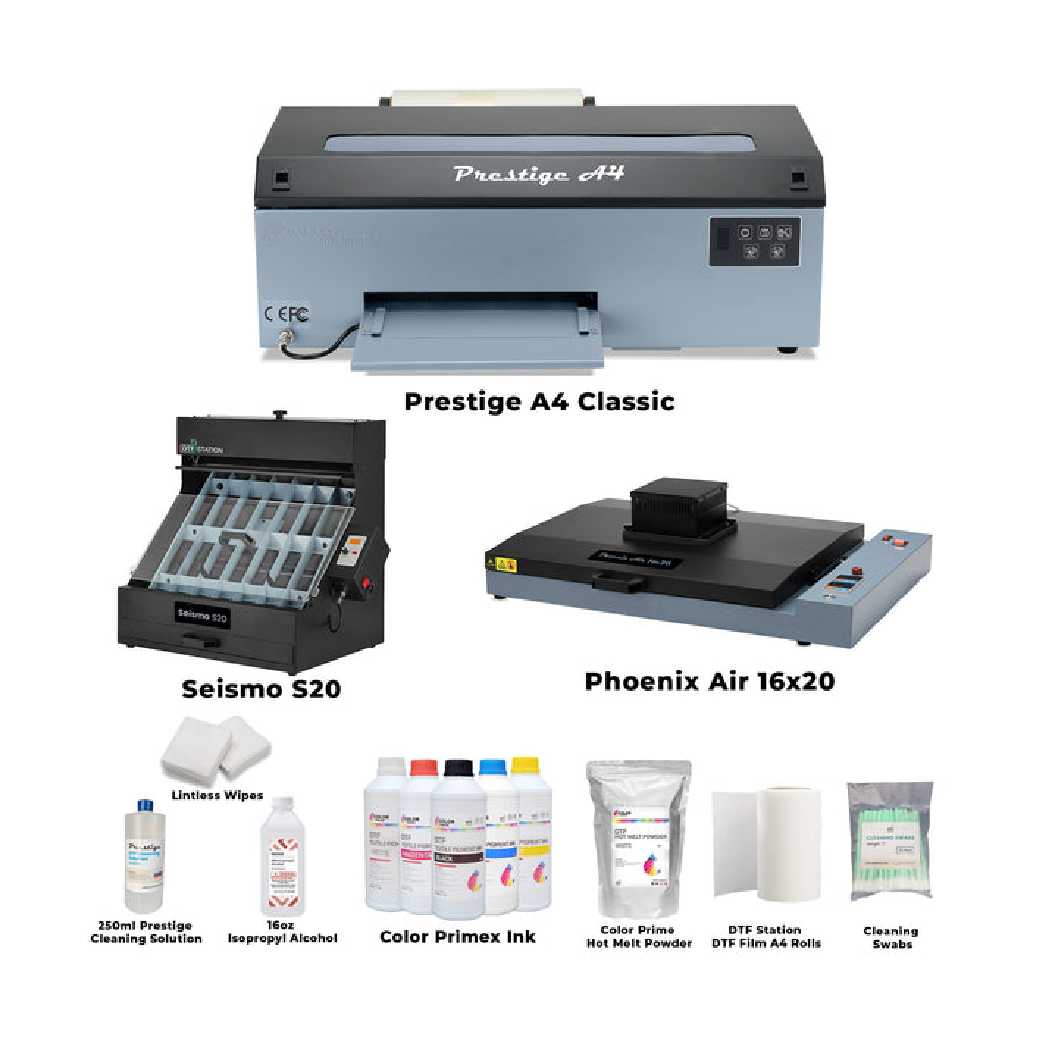 Absolute Toner $138/Month DTF Station Prestige Roll DTF A4 Printer 110V With 16x20" Inch (40x50cm) Curing Oven Phoenix Air And Seismo S20 DTF Manual Powder Station DTF printer