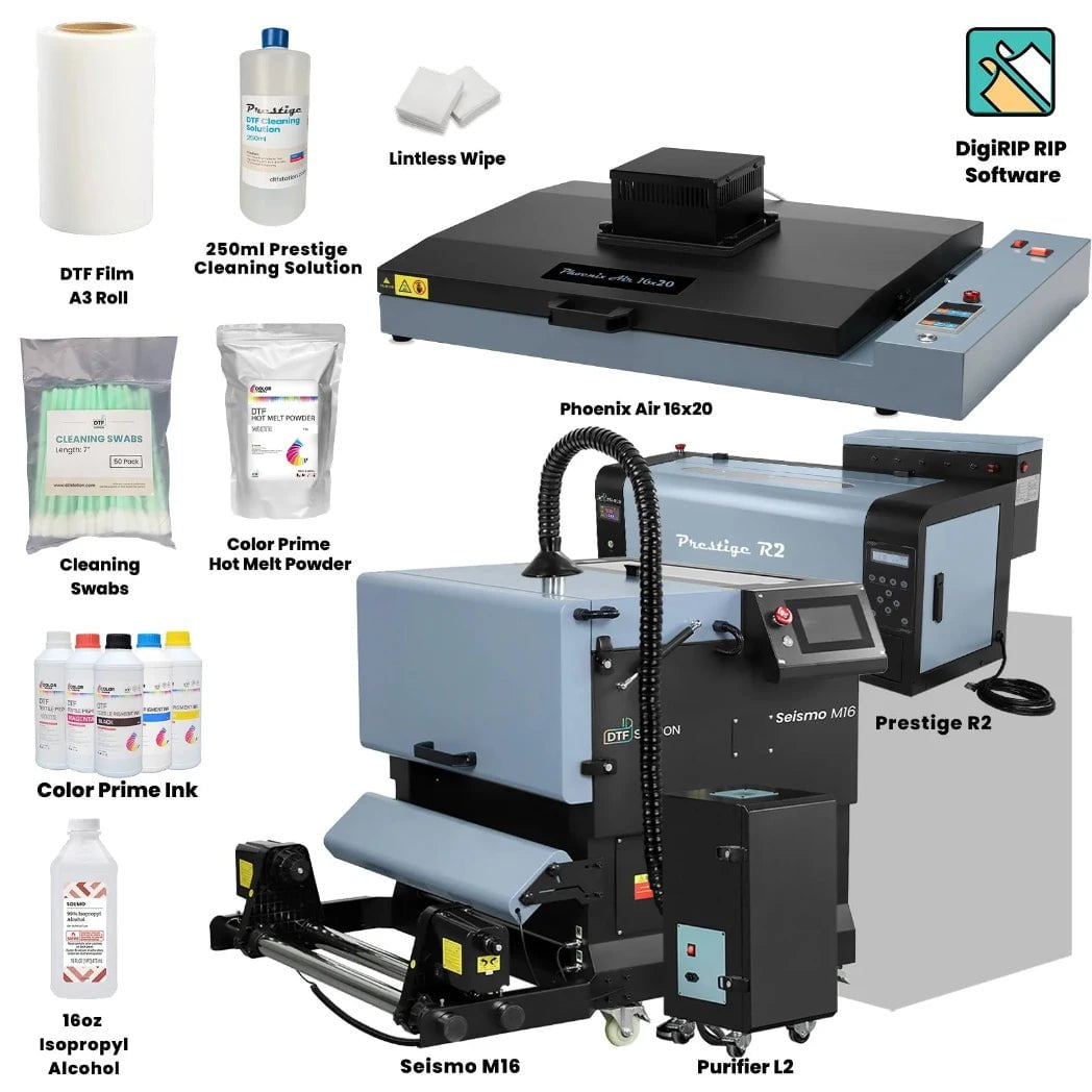 Absolute Toner $315/Month New Prestige R2 Shaker and Oven Bundle Containing Prestige R2 DTF Desktop Sized Printer, Phoenix Air 16x20 Curing Oven, Seismo M16 DTF Powder Applicator/Dryer And Purifier L2 Portable Air Filter DTF printer