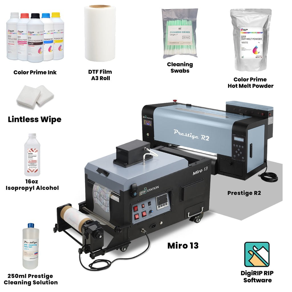 Absolute Toner $240/Month DTF Station Prestige R2 Shaker Bundle Containing Prestige R2 DTF Desktop Sized Printer And Miro 13 Powder Shaker and Dryer DTF printer